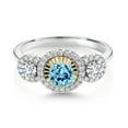 thumbnail image 2 of Gem Stone King 0.77 Ct Swiss Blue Topaz E-F Lab Grown Diamond 925 Silver and 10K Yellow Gold 3 Stone Women's Ring (Size 5), 2 of 3