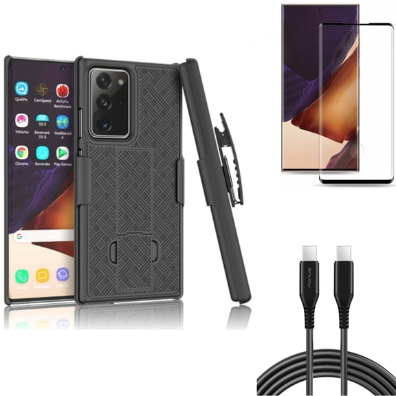 10ft Long USB-C Cable & Case Belt Clip & Screen Protector for Samsung Galaxy Note 20 Ultra (6.9") - Combo with PD Fast Charger Cord Power & Holster Swivel & Tempered Glass (Fingerprint Unlock)