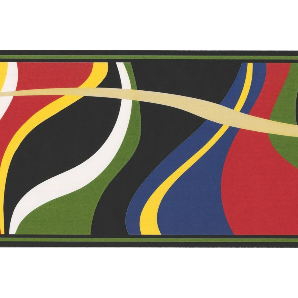 Wallpaper Border Abstract Waves Red White Yellow Green Black Wall
