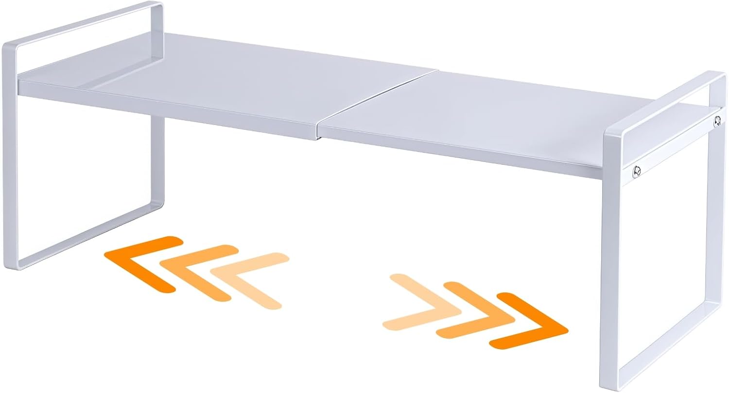 RGHJAR-Expandable Cabinet Shelf Organizer Riser for Kitchen Pantry Cupboard Under Sink Countertop (White, 8.2’’D * 12.2-21.6’’W * 7.7’’H)