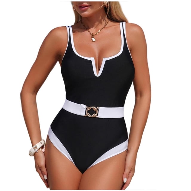 Women's Tummy Control One Piece Swimsuit, Sexy High Cut Color Block V-Wire Push Up Low Back Full Coverage Bathing Suit,Black,M