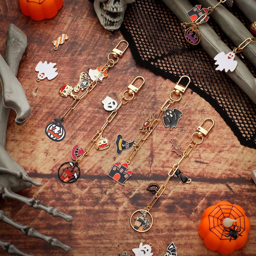 Januofit 286 Pieces Halloween Charms Keychain Making Kit Halloween Ghost Black Cat Bat Witch Hat Charms for DIY Carfts Keychains Jewelry Making Adult Party Favor Women Bag Gifts
