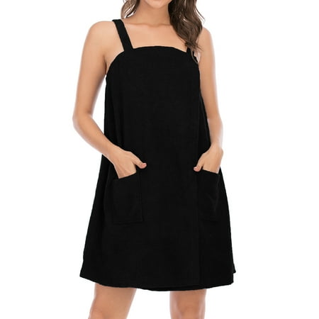 

Hanerdun Women Sleeveless Bathrobe Female Square Neck Pocket Robe Black L