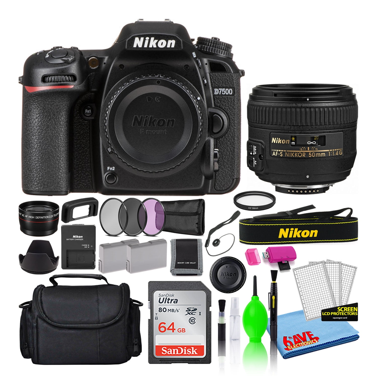 Nikon D7500 DSLR Camera Bundle with AF-S 50mm f/1.4G Lens 64GB SD Card Camera Bag Filter Kit Spare Battery & Telephoto Lens (International Model)