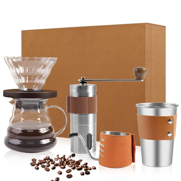 LHS Pour Over Coffee Maker Set - 4 Piece Kit Includes Gooseneck Kettle, Removable Coffee Mill Grinder, 500ML Cup & Coffee Dripper Brewer with Lid, Pe