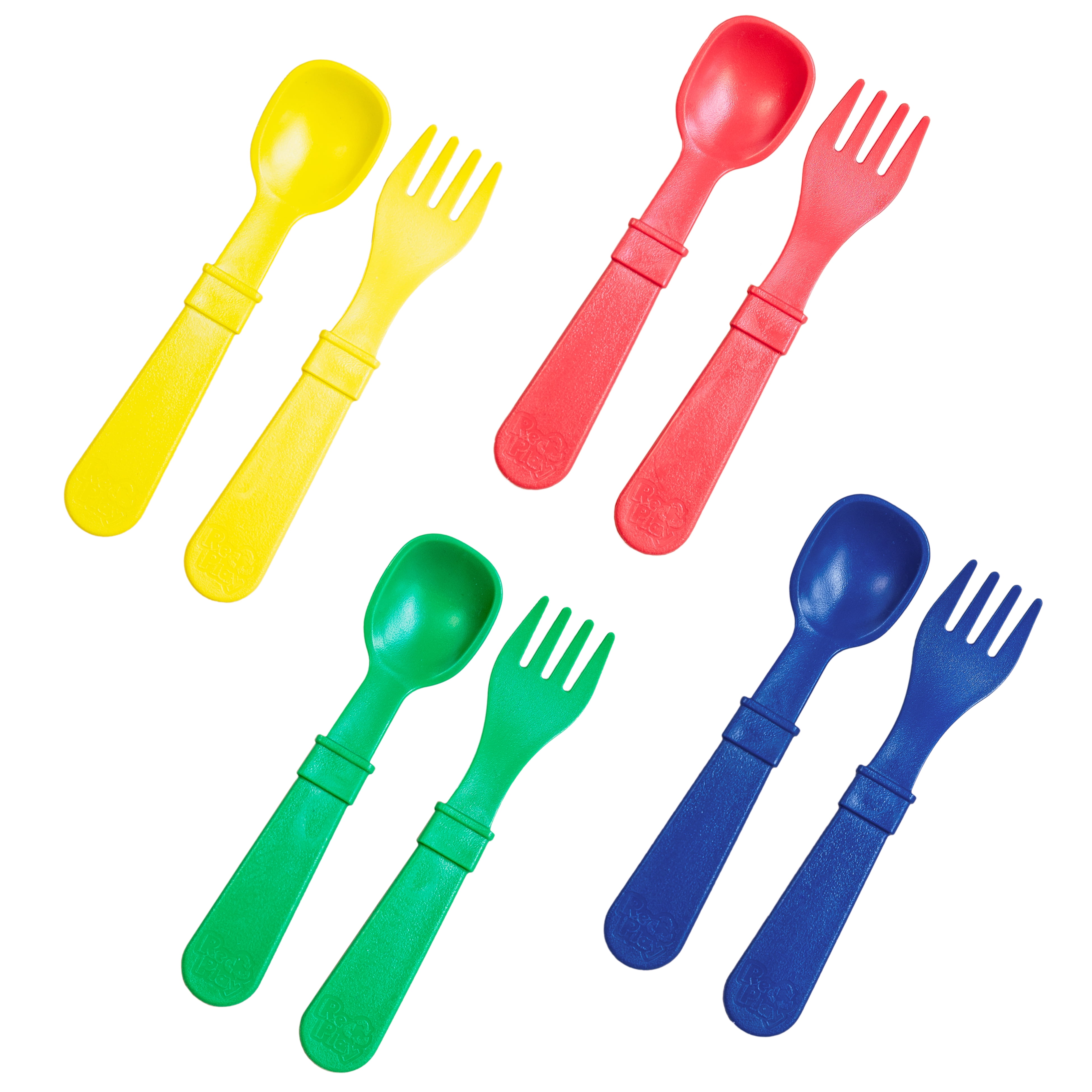 Re-Play Made in USA 8pk Toddler Feeding Spoon and Fork Set| Made from BPA Free Eco Friendly Recycled Milk Jugs - Virtually Indestructible | Red, Yellow, Kelly Green & Navy | Dishwasher Safe |Primary