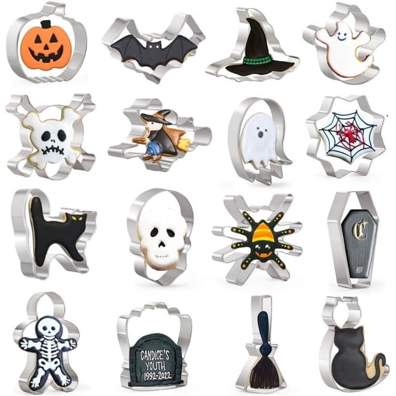 Halloween Cookie Cutters Set 16 Pieces Halloween Biscuit Cutters Shapes - Ghost, Bat, Pumpkin, Cat, Witch, Spider, Skull, Gingerbread Man, Etc.