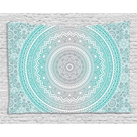 Two Grey Hills Tapestry Grey and Aqua Tapestry, Ombre Traditional Universe Symbol with Tribal Geometric Mandala Zen Artwork, Wall Hanging for Bedroom Living Room Dorm Decor, 60W X 40L Inches, Aqua Grey, by Ambesonne ()