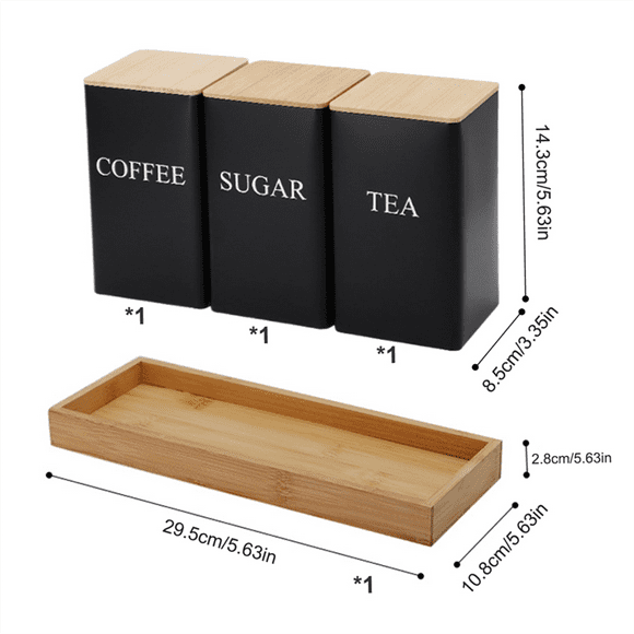 3PCS Set Tea Coffee Sugar Canister Set with Tray Iron Tea and Coffee Jars with Bamboo Lid Coffee Sugar Tea Containers A