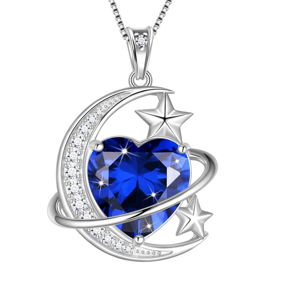Juwaliy 13MM Women Moon Stars Necklace Heart September Birthstone 925 Sterling Silver Pendant Blue Sapphire Jewelry Christmas Valentines Birthday Mother's Day Gift for Her/Wife/Mom
