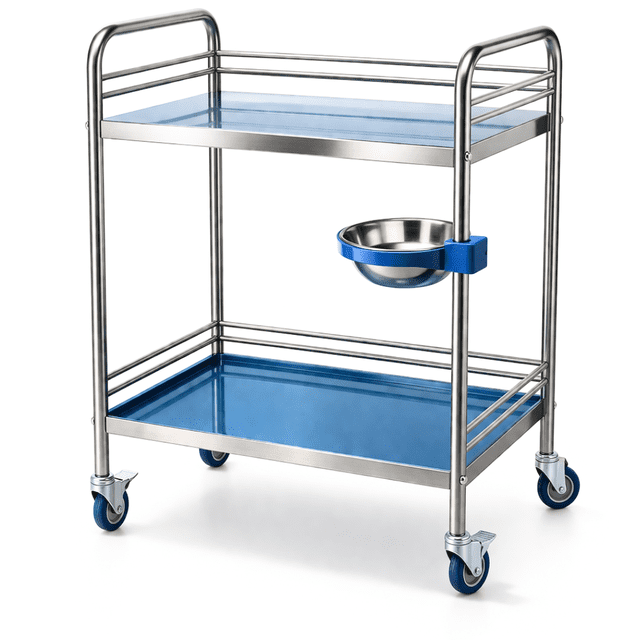 Mesa Pasteur Acero Inoxidable con Tazón Lateral y 2 Charolas — 4 Ruedas Giratorias con Freno, Ensamblaje en 15 min — Consultorio, Clínica, Salón, Laboratorio