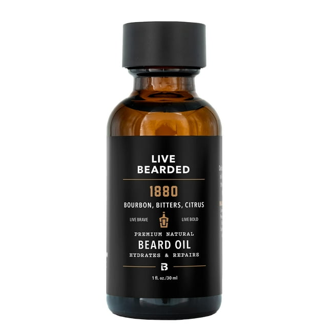 Aceite para barba Live Bearded, 30 ml - Jojoba natural premium - Hecho en EE. UU. - Cuidado del cabello y la piel para hombres con zonas secas y escamosas | Aroma 1880 - Bourbon, bitters, cítricos