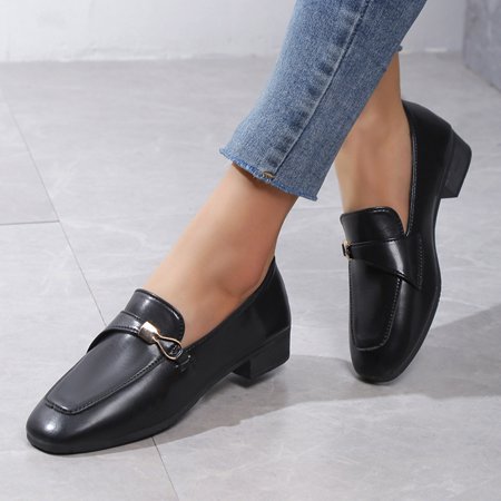 

Mishuowoti casual shoes for women 2023 Ladies Fashion Solid Color Leather Metal Button Round Head Leather Shoes Flat Casual Shoes