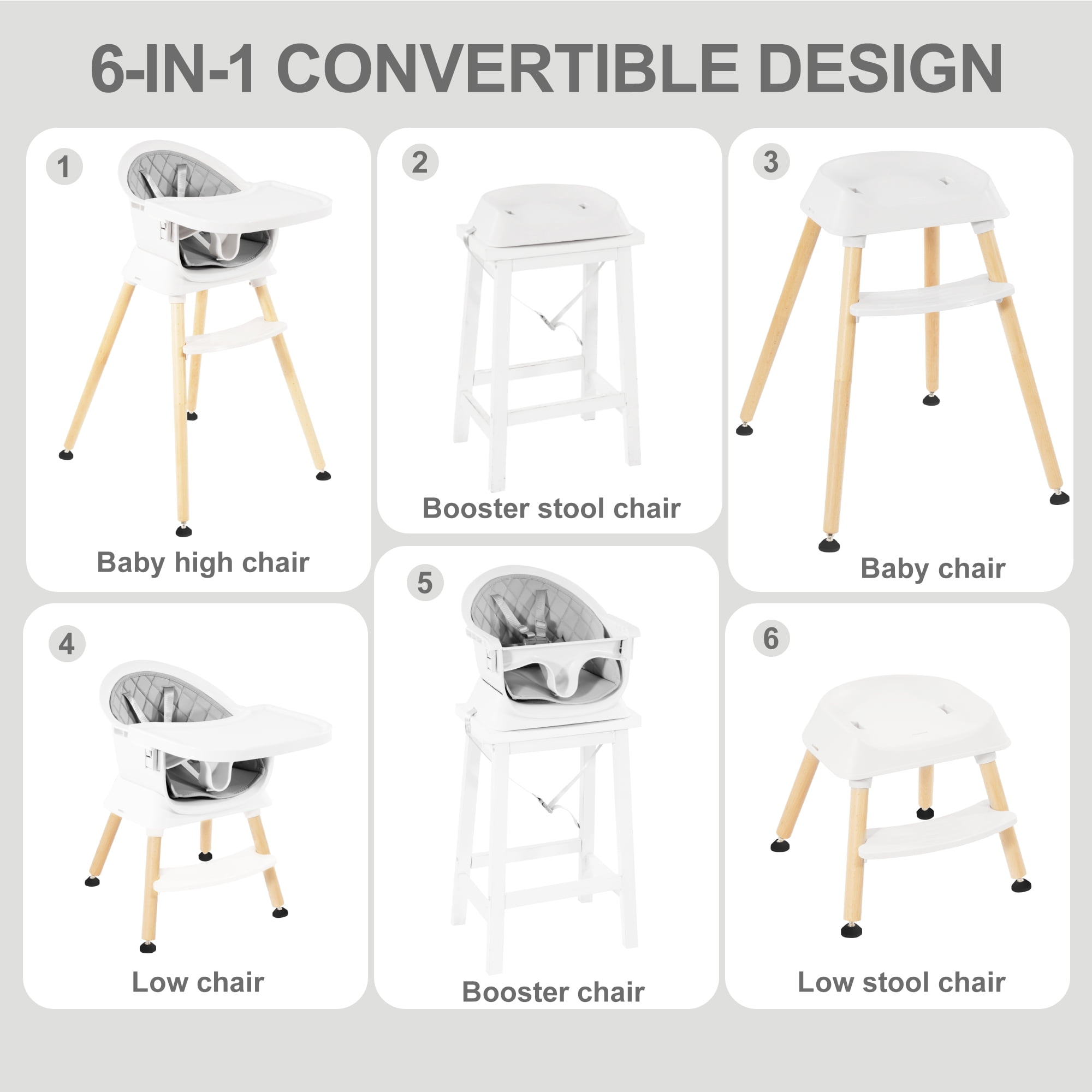 Signature Fitness Multi-Purpose Wooden High Chair，Modern Baby and Toddler Feeding Chair, Easy-to-Clean，with Adjustable Design