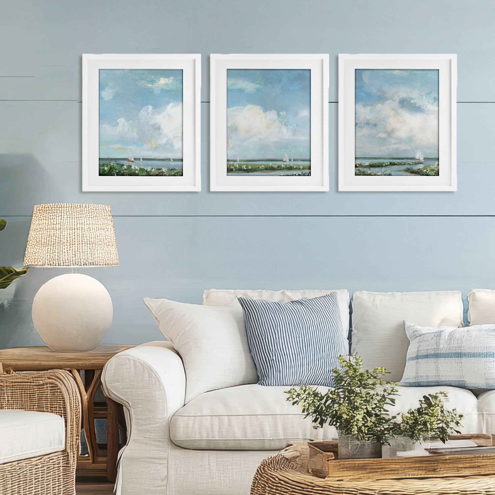 Stupell Industries Daisies Along Calm Coastline 3 Piece White Framed Print Under Glass Set, design by Sally Swatland