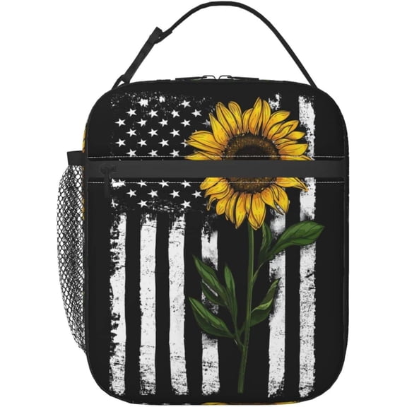 Sunflower And American Flag Portable Lunch Box Bag Insulated Reusable Lunch Tote For Men And Women