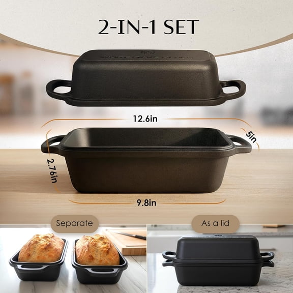 Cast Iron Bread Loaf Pan Bread Bag Dough Whisk Brush | 2-in-1 Pre-Seasoned oven-safe bread pan for homemade bread | 5-Piece Set