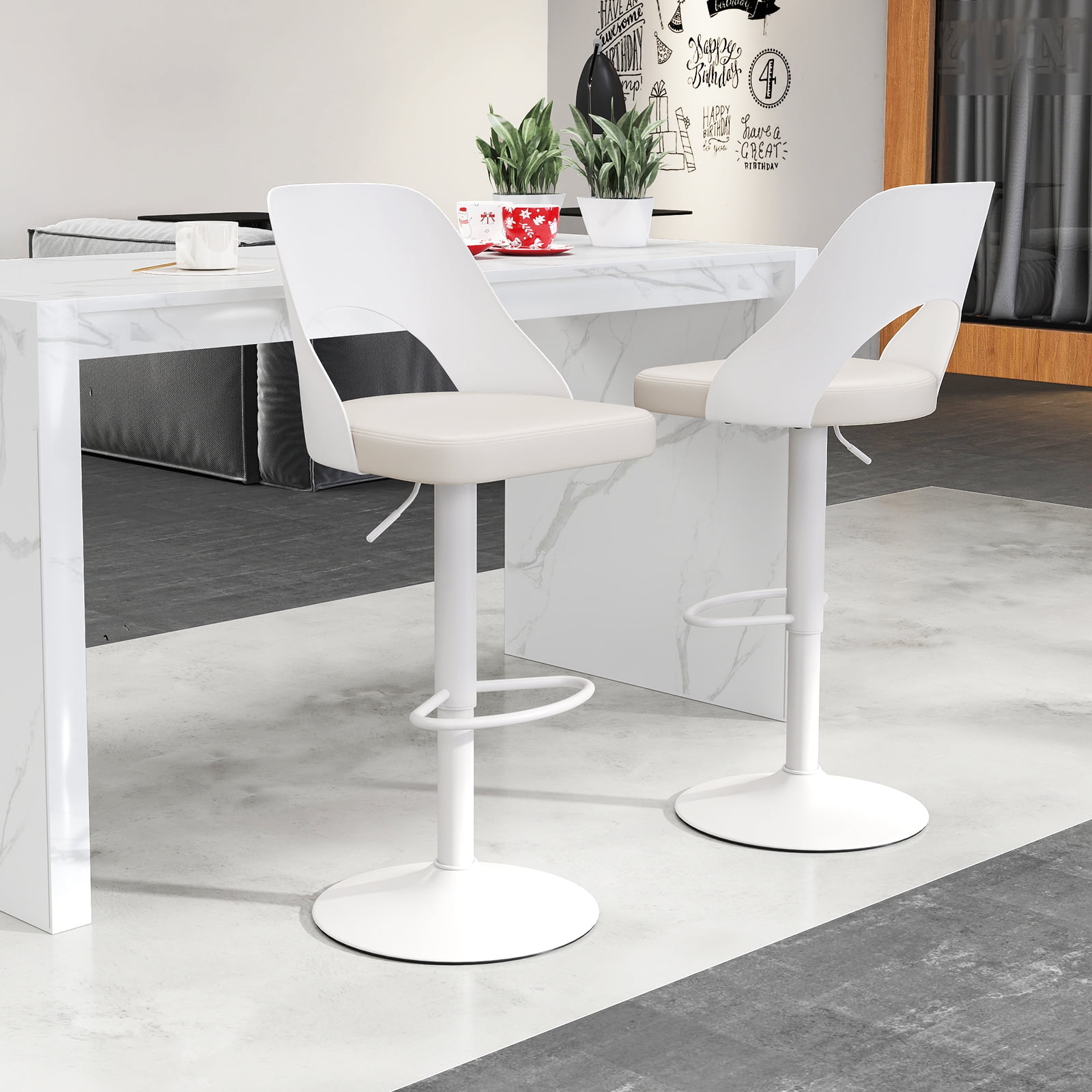 Gymax Bar Stools Set of 2 w/Enlarged PU Leather Seat Footrest Swivel Bar Chairs White