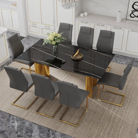 LiviNest 8-Piece Dining Table Set with Chairs: Modern Marble Pattern Table & Gray PU Chairs - Stainless Steel Gold Legs for Office & Small Space Use