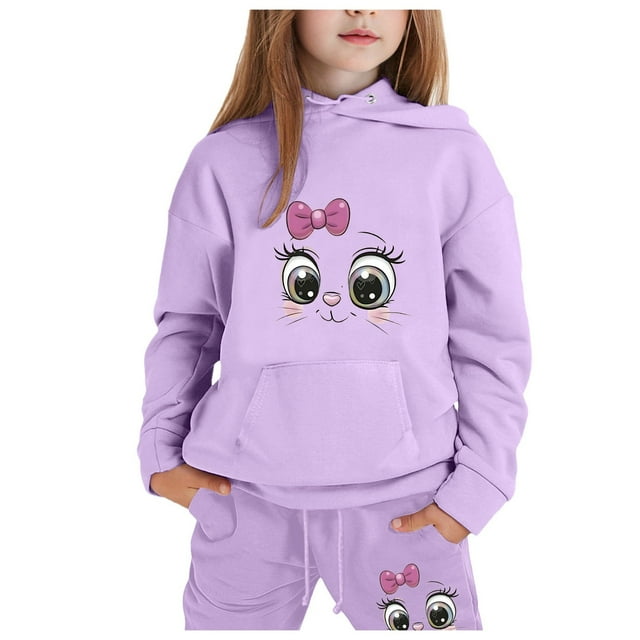 FhsagQ Ensembles pour Filles Mode pour Enfants Décontractée Imprimée Haut à Capuche à Manches Longues Chandail à Capuchon Pantalon Ensemble Filles Tenues de Printemps Taille 14-16 Tenues Printemps Violet 2-3 Ans