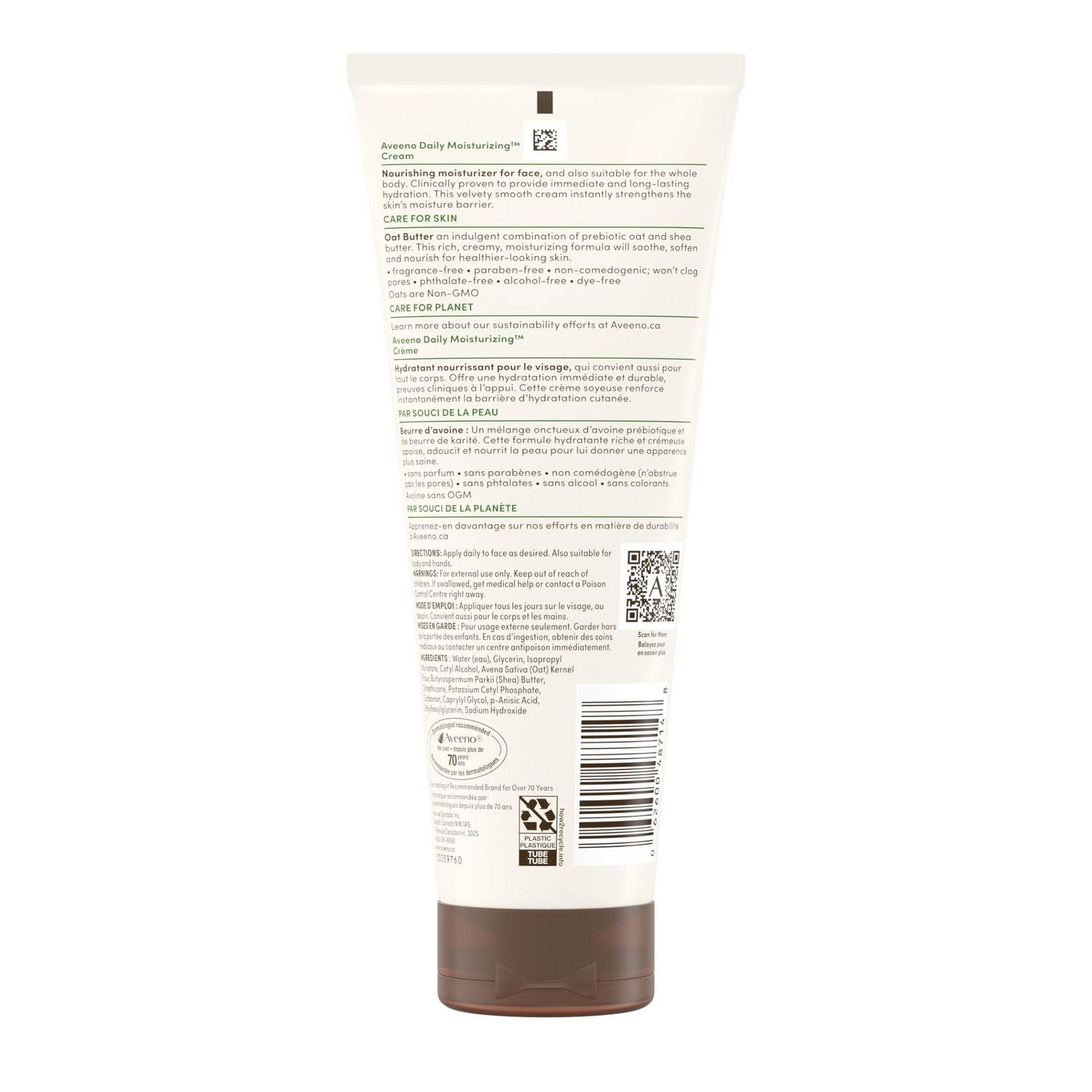 Crème hydratante quotidienne™ Aveeno avec avoine prébiotique et beurre de karité, pour peau sensible et normale à sèche, hydrate le visage pendant 48 heures, sans parfum et non comédogène 206 g
