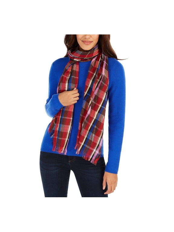 Women's Lurex Stripe Plaid Oblong Fringe Scarf, Multi Color