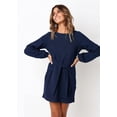 thumbnail image 4 of Vestido elegante de cóctel de punto con cuello redondo, manga larga tipo farol y lazo en la cintura para mujer, 4 of 8