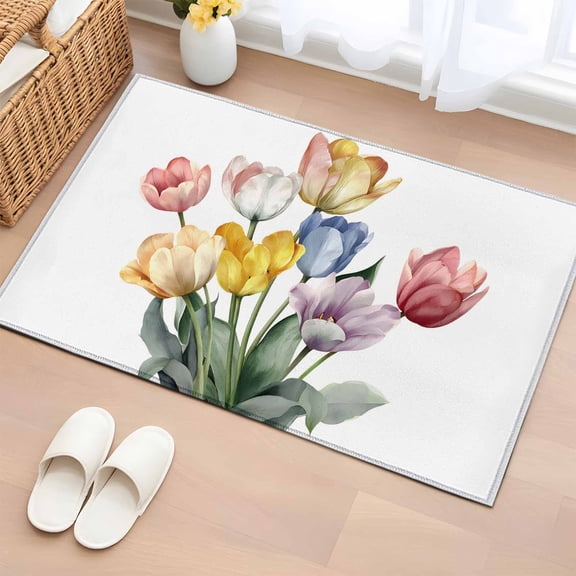 Colorful Tulips Floral Entryway Rug 2'x3'  Non Slip Front Door Mats, Modern Art Watercolor Farmhouse Entrance Rugs Indoor Outdoor Carpet, Washable Floor Mats Small Area Rug for Bedroom Kitchen