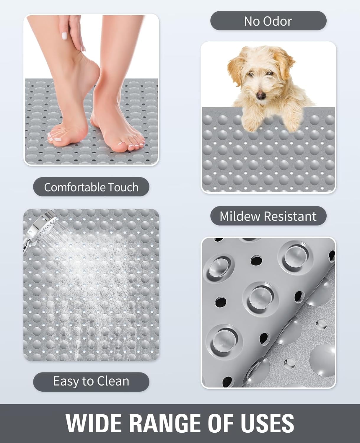 Yolife Shower Mat 31.5"x31.5" - TPE Non-Slip Bath Mat/Suction Cups & Drain Holes, Heavy Duty for Shower Stall, Odor-Free,Dark Grey