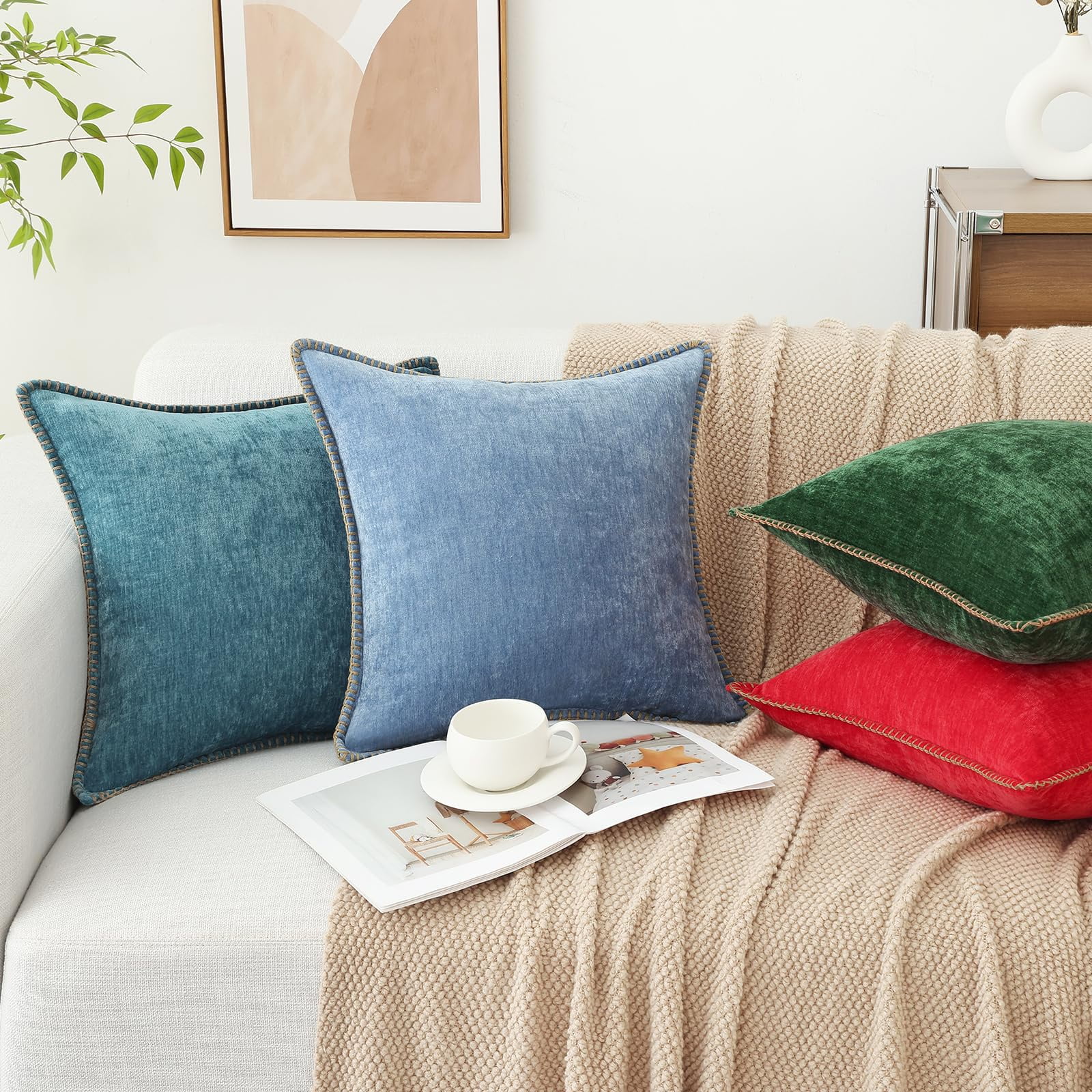 decorUhome Chenille Throw Pillow Covers 26x26 Set of 2, Soft Farmhouse Decorative Pillow Covers, Blue(Pillow Cover Only, No Inserts Included)