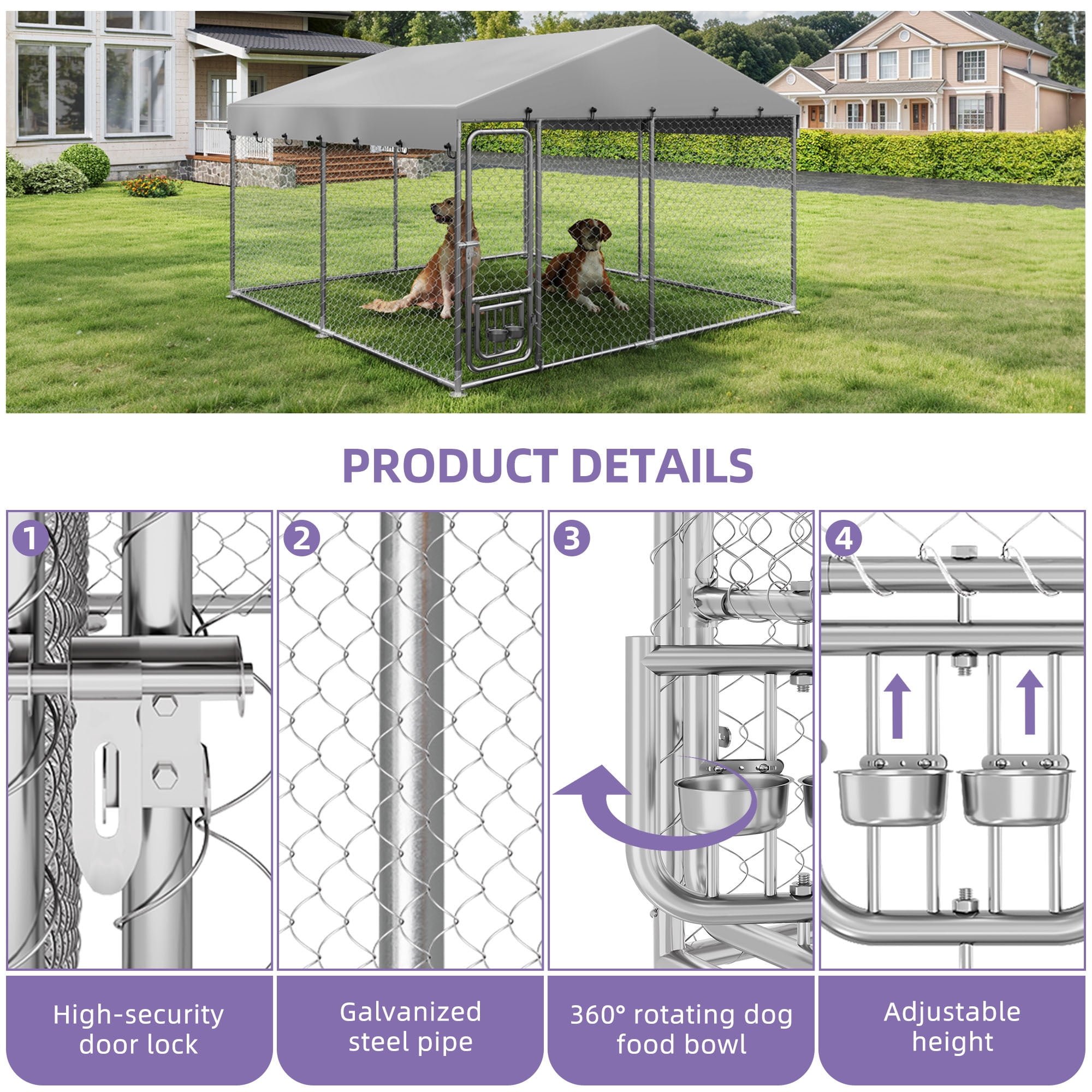 Uforic Large 10'x10' Heavy Duty Outdoor Dog Kennel with Rotating Feeder and Weatherproof Roof
