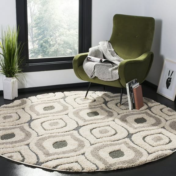 SAFAVIEH Florida Declan Geometric Swirls Shag Area Rug, Cream/Light Blue, 6'7" Round