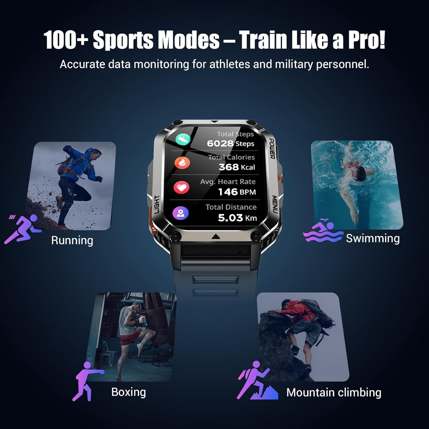Blackview 2.01" Military Smart Watch for Men,with Calling,Flashlight,Compass,100+ Sports Modes,Large 900 mAh Battery, fits for Android iPhone,Black