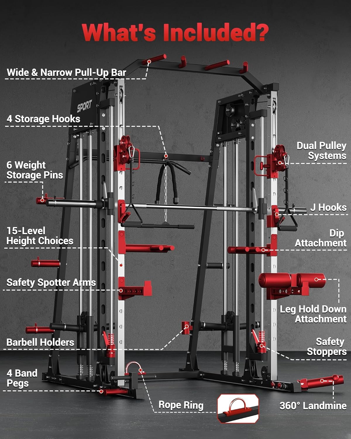 JoanKaren Pro Smith Machine with Bench,2200lbs Squat Rack with Weight Bar,LAT Pull-Down,Cable Systems,Leg Hold-Down and More Attachments,Black
