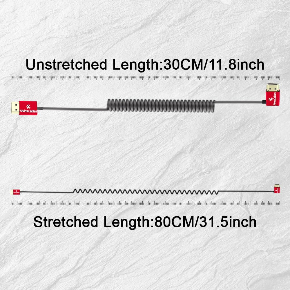 Alvin's Cables 8K HDMI Cable 2.1 48Gbps High Speed Φ2.4mm Ultra-Thin HDMI 8K@60Hz 4K@120Hz for Sony A7 A9, for BMPCC, for Canon C70, for Atomos Ninja, for SmallHD, Straight to Left Angle Coiled