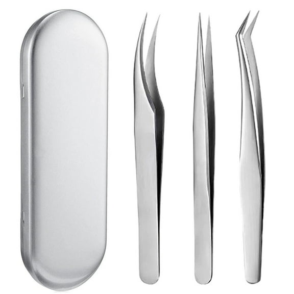 3 PCS Eyelash Extension Tweezers Set – Precision Stainless Steel Volume Lash Tweezers with Storage Box, Professional Eyelash Extension Tools for Women (Silver)