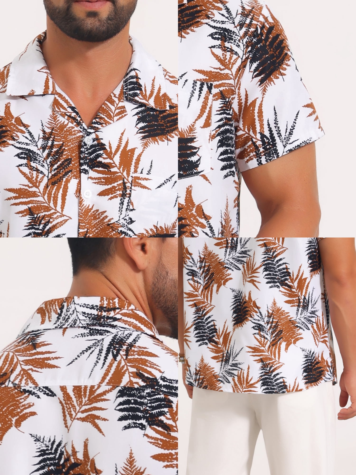 DARING DIVA Men's Short Sleeve Button Down Camp Collar Leaf Print Shirts XL White Brown