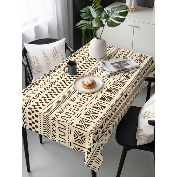 Abstract Boho Tablecloth Rectangle Table Cloths 54x108, Waterproof Tablecloth Outdoor Table Cloth, Modern African Ethnic Geometric Beige Washable Table Cover for Kitchen Dinning Party