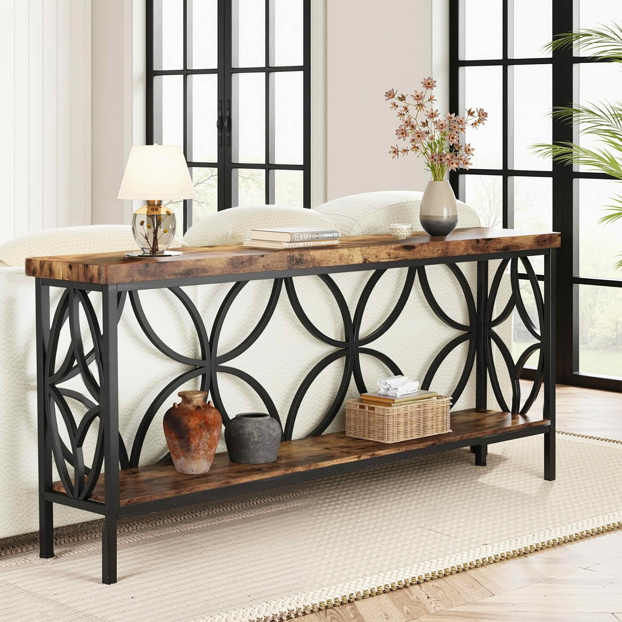MAYEERTY 70.9" 2-Tier Industrial Console Table, Rustic Wood Top Black Metal Frame Sofa Table with Adjustable Floor Pads
