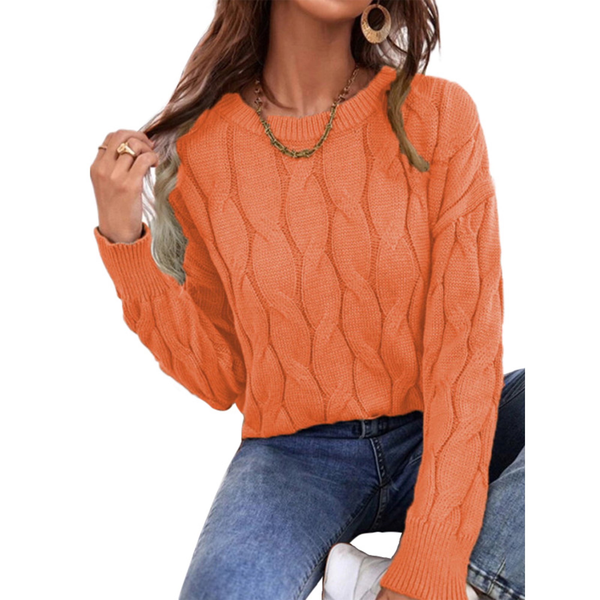 Haite Ladies Winter Warm Ribbed Hem Sweater Plain Long Sleeve Knitted  Sweaters Chic Crew Neck Solid Color Jumper Tops Orange S - Walmart.com