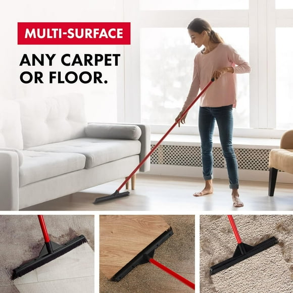 Pet Hair Remover Rubber Broom - Carpet Rake for Pet Hair Removal on Hardwood Floor, Carpet & Tile - Picks Up More Dust & Debris - Slanted Side Bristles for Corners - Rinse to Clean