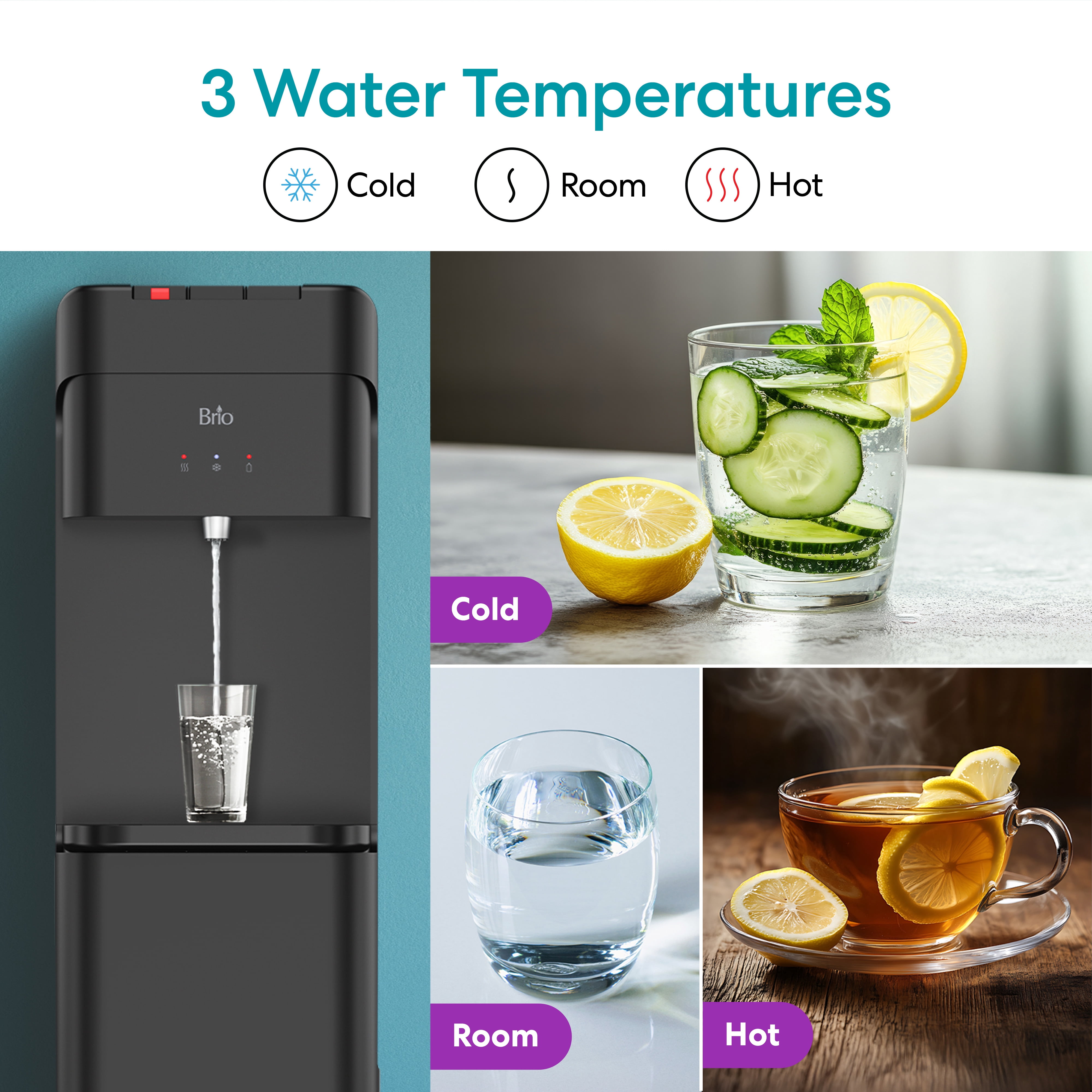 Brio 430 Black Bottom Load Water Cooler Dispenser, Hot, Cold & Room Temperature, 10.5" Dispense Height for 5-Gallon Bottles