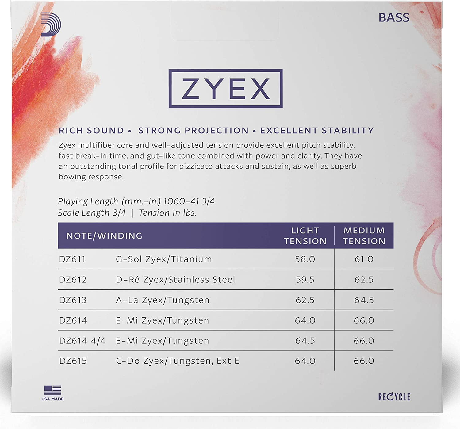 D'Addario Zyex Bass String Set, 3/4 Scale, Light Tension