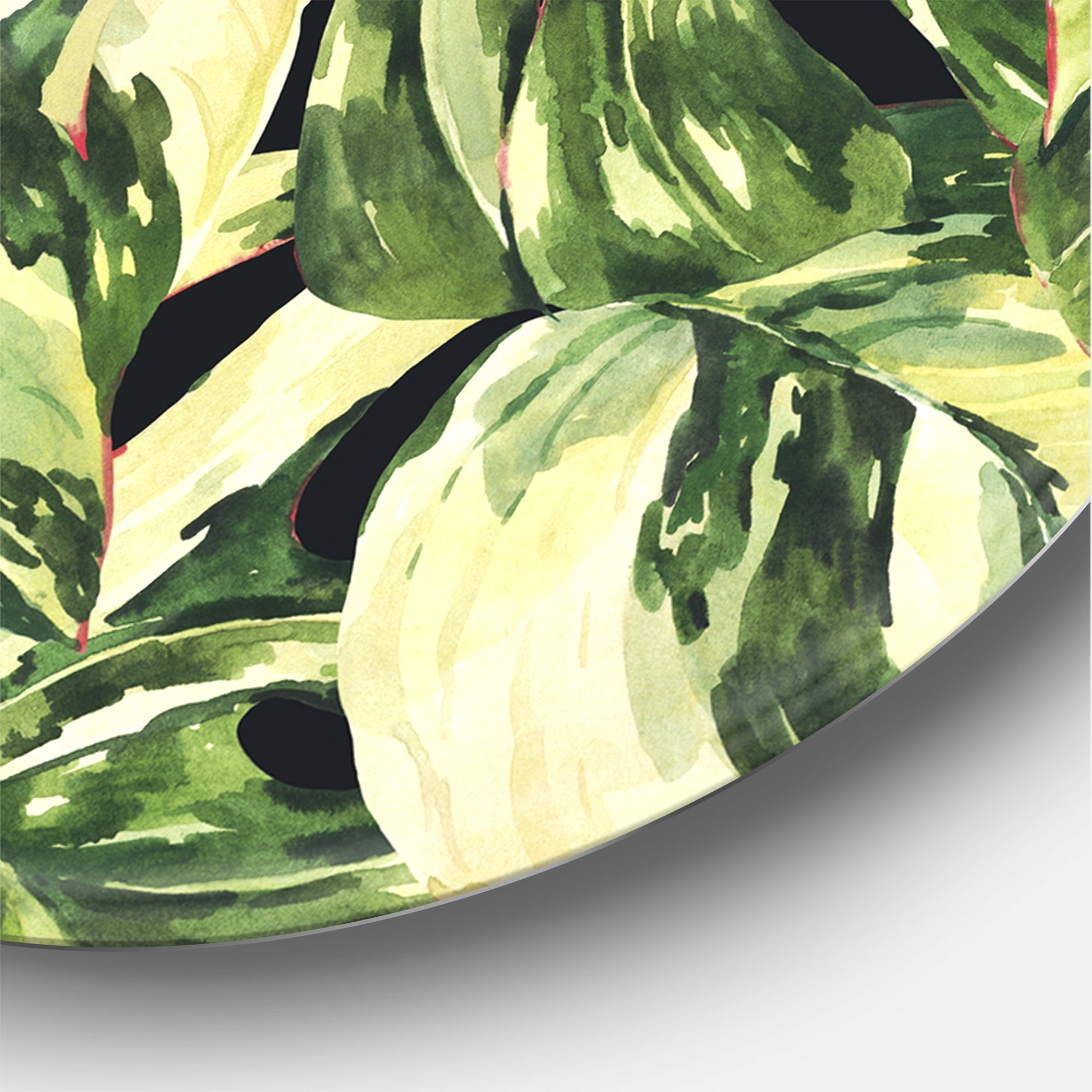 Designart 'Natural Green Leaves Exotic On Dark II' Tropical Circle Metal Wall Art 36x36 - Disc of 36