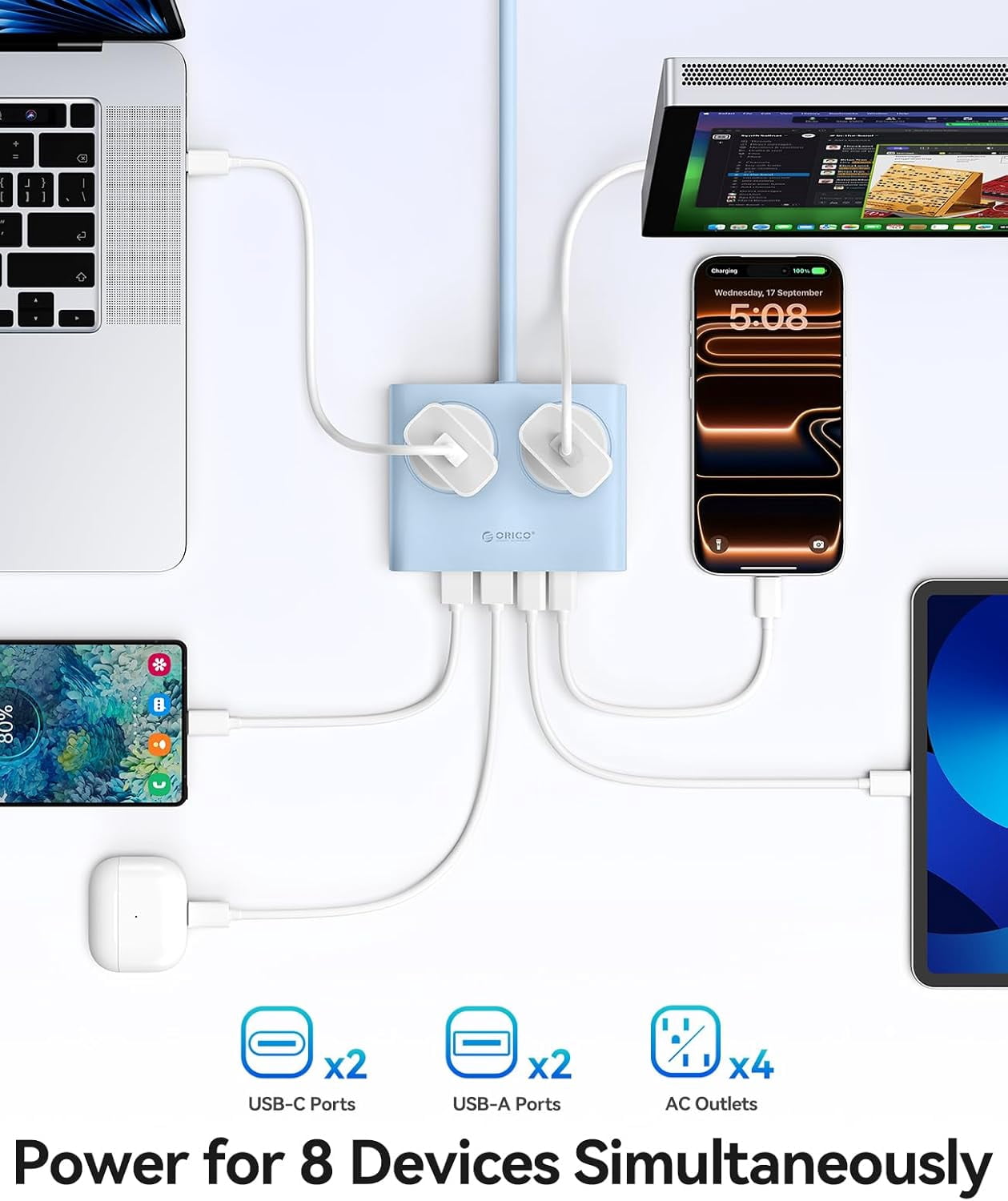 JJEAN-Power Brick, 25W GaN Power Strip, 8 in 1 Extension Cord with 4 AC Outlets and 2 USB-A and 2 USB-C Ports, 5ft Flat Plug Blue Outlet Extender for Home/Dorm/Travel-PDC (1 PCS)