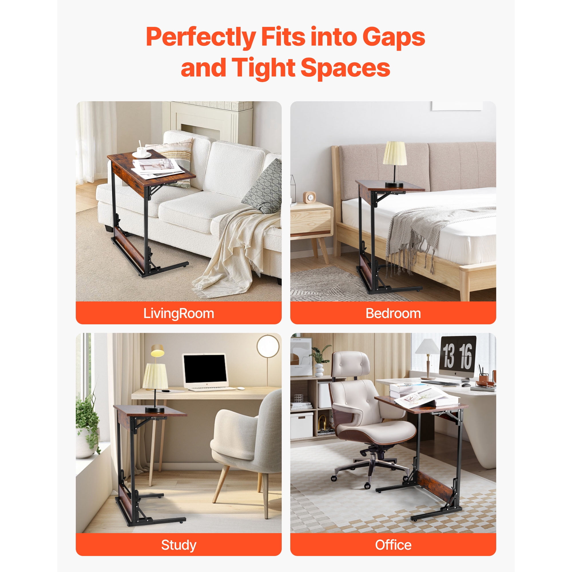 KFFKFF Folding C-Shaped End Table with Metal Frame & Adjustable Feet, Compact Foldable Side Table for Living Room, Bedroom, or Office, 23.62 x 14.57 x 27.56 inch TV Tray, Brown and Black