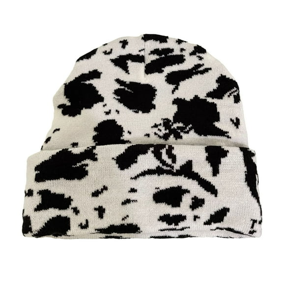 harmtty Knitted Thermal Hat Weather Headwear Milk Cow Print Beanie Hat Autumn Winter Thick Warm Knitting Hat Unisex Animal Print Dome Skull Hat Streetwear Black
