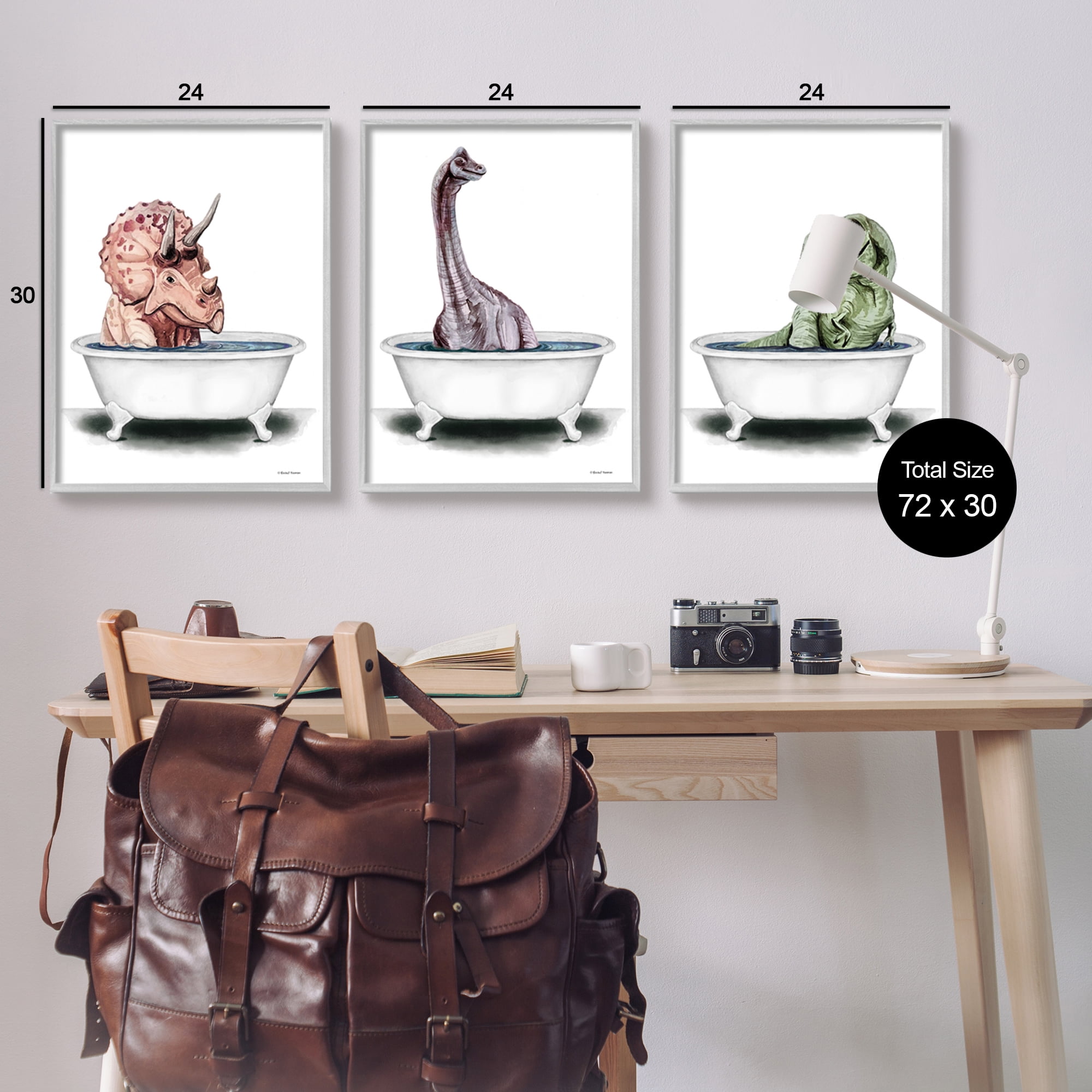 Stupell Fun Dinosaurs Bathroom Tubs Animals & Insects Painting Gray Framed Art Print Wall Art, Set of 3