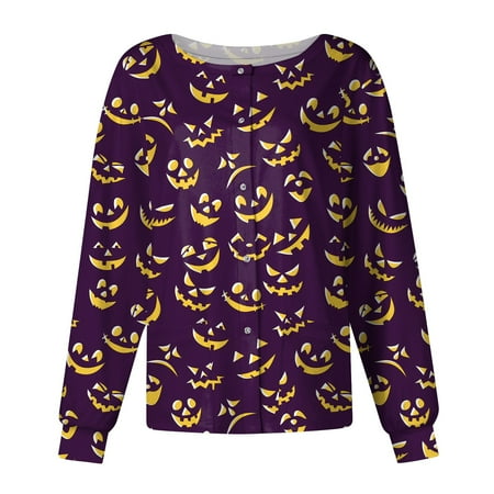 

PURJKPU Womens Scrub Jacket Stretchy Snap Front Scrub Top Halloween Pumpkin Face Print Tops Medical Long Sleeve Nurse Uniforms O Neck Nurse Jackets with 2 Big Pockets Dark Purple 5XL