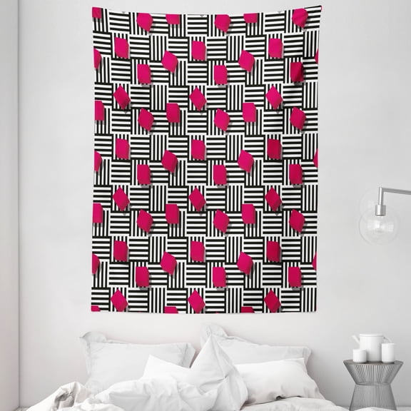 Teen Room Decor Tapestry, Abstract Geometric Minimalist Lines and Square Cubes Artful Print, Wall Hanging for Bedroom Living Room Dorm Decor, 60W X 80L Inches, Magenta Black White, by Ambesonne
